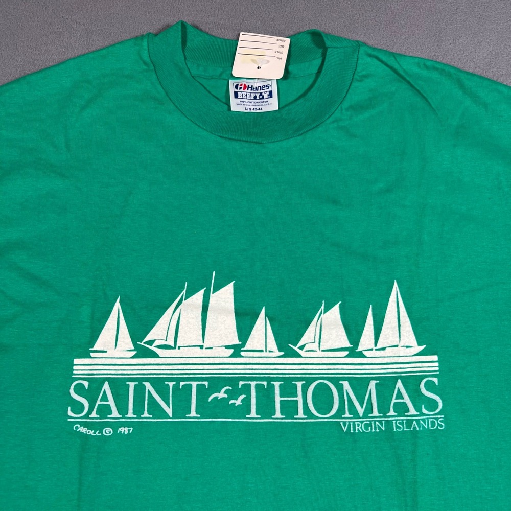 VTG 1987 Saint Thomas Virgin Islands T Shirt L‎ Green Single Stitch Made in USA